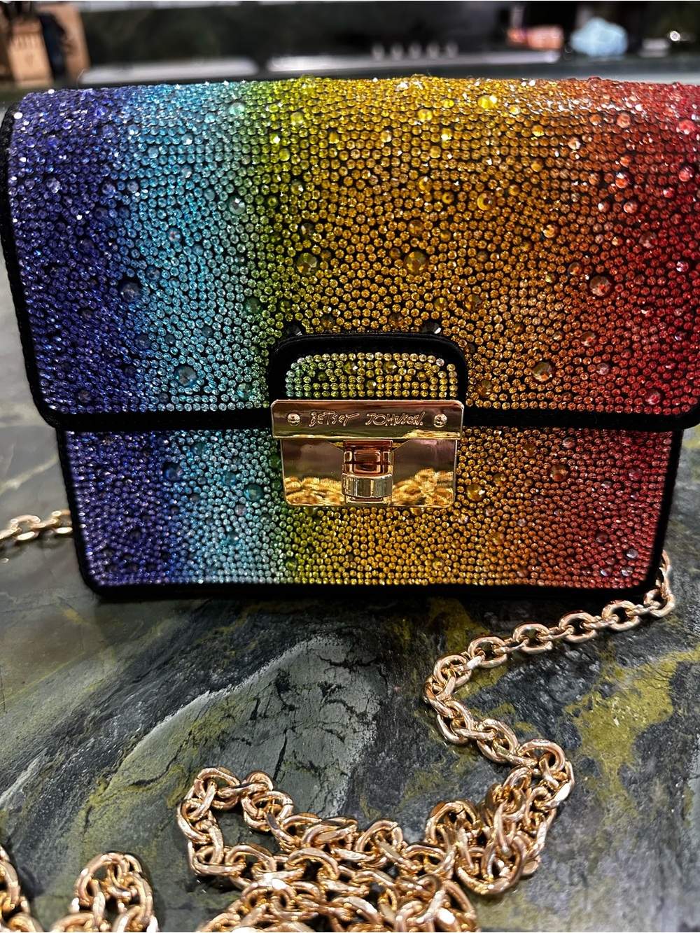 Betsey Johnson Multicolor Rainbow Crystals Crossbody with Gold Chain Strap 7”x5” - Picture 6 of 16